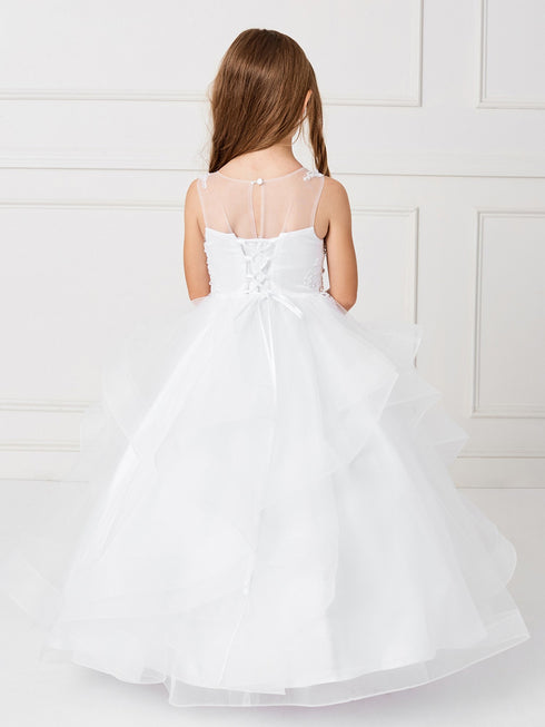 Girls Multi Color Illusion Neckline Lace Applique Trim Pageant Dress 2-12 - SophiasStyle.com